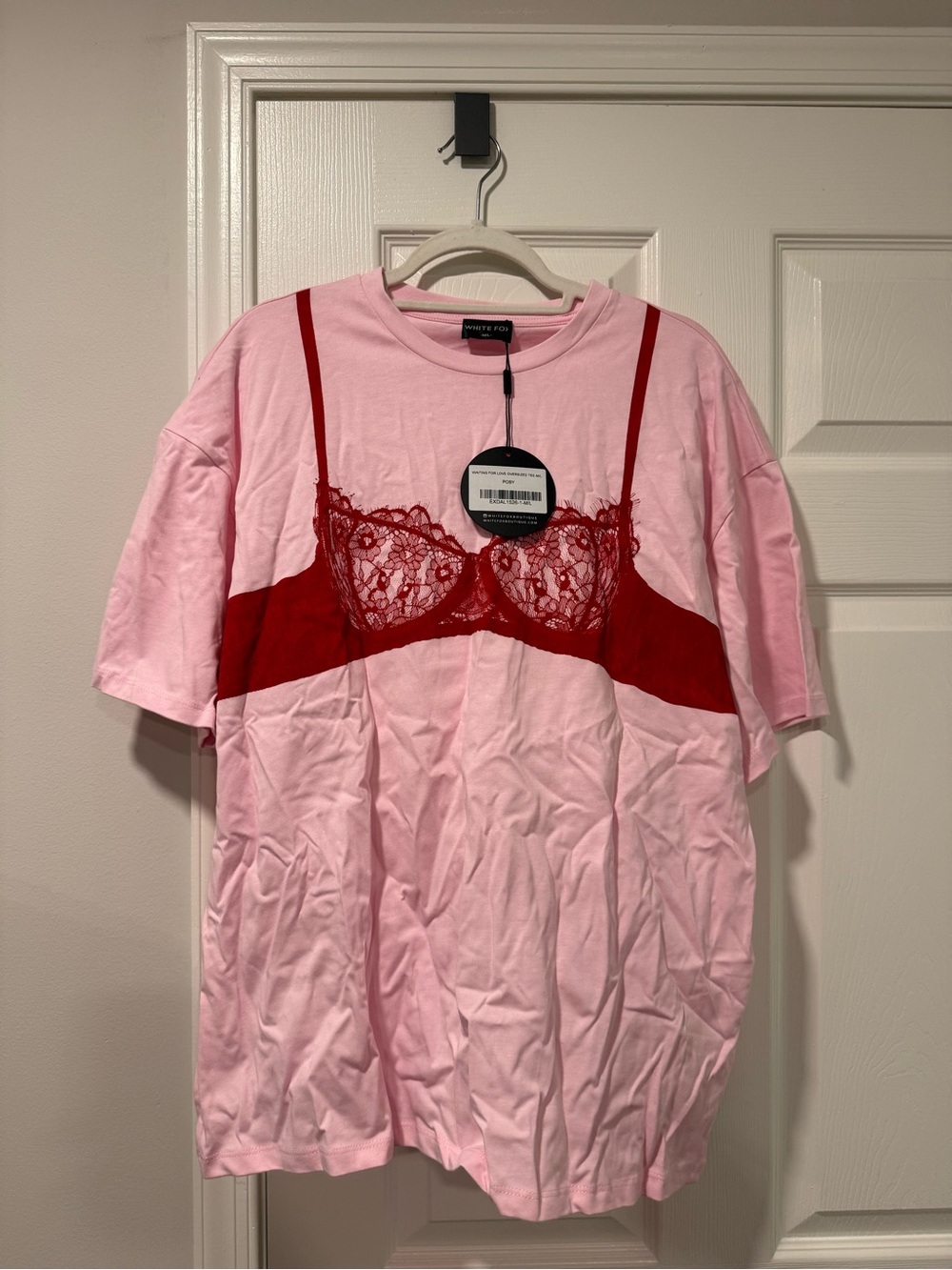 White Fox Boutique Pink Tee with Red Lace Bra Graphic